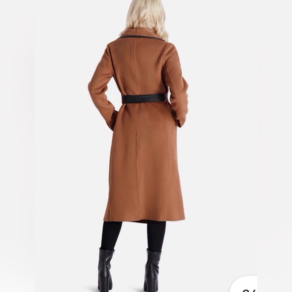 Tahari Juliette Wool Blend Brown Belted Coat with Faux Leather Trim Size Medium - Picture 2 of 15